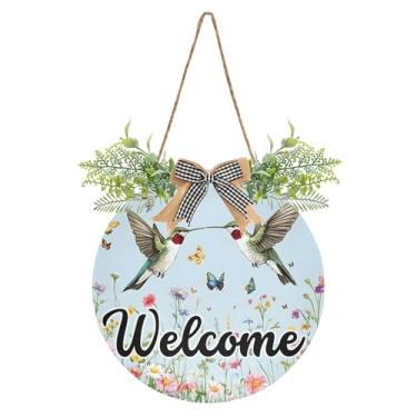 Imagem de SEHANY Placa de boas-vindas colorida, beija-flor, decoração de porta da frente, guirlanda de boas-vindas redonda para decoração de casa de fazenda, varanda, pátio, 30 x 30 cm