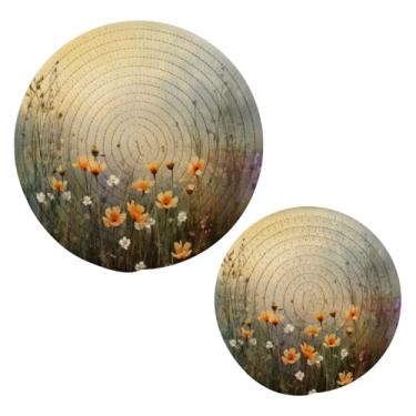 Imagem de Blueangle 2 peças de porta-panelas coloridas de flores silvestres - conjunto de pegadores de panela de tecido redondo - almofadas quentes trançadas de algodão - porta-copos - tapetes de mesa para