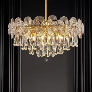 Imagem de Lustre de cristal moderno minimalista em estilo francês - Processo de galvanização, design em vidro com formato de folha de lótus | Iluminação luxuosa e aconchegante para sala de estar de vi