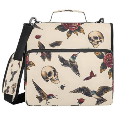 Imagem de SEHANY Fichário com zíper de caveira e flor com alça de ombro, capacidade para 500 folhas, vários bolsos, fichário com 3 anéis e zíper de 3 anéis