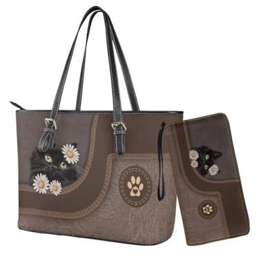 Imagem de Sannovo Conjunto de carteira e bolsa feminina Hobo Bolsa de Ombro com Bolsa Combinando Couro PU Alça Superior Bolsa, Margarida de gato marrom-preta, 15.7*9.8*5.1 inches (Tote Bag), 7.9*4.3*1 inches