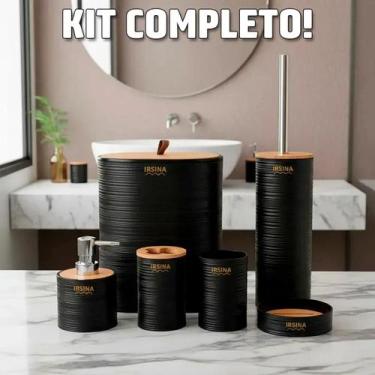 Imagem de Conjunto de Acessórios para Banheiro em Bambu Kit Completo Preto Irsin