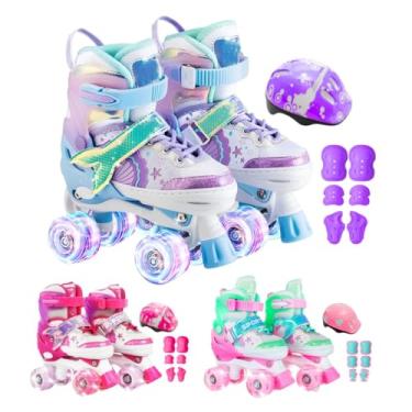 Imagem de Patins Infantil Led Ajustável 4 Rodas Rodinha E Kit Proteção (Verde Sereia, M - 33 ao 36)