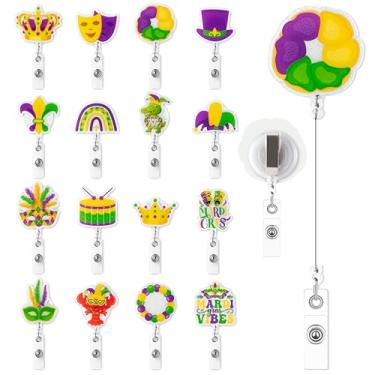 Imagem de BkeeCten Carretel de crachá de carnaval com glitter, 16 peças, porta-identidade retrátil cintilante com clipe de metal seguro para uso no escritório, acessórios profissionais de identificação escolar