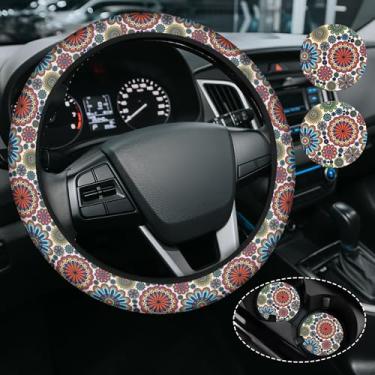 Imagem de Mandala Tribe Boho Capa de volante para mulheres e homens, antiderrapante alta elasticidade neoprene acessórios para carro, capas de volante, universal, 38 cm para carros, SUVS, inclui 2 porta-copos