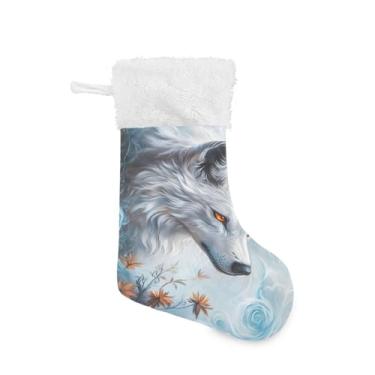Imagem de Wassud Meias de Natal de Lobo Branco com Olhos Laranjas Meias de Natal Grandes 45,7 cm Meias de Natal com Punho Branco Pendurado Decoração de Férias 1 Pacote