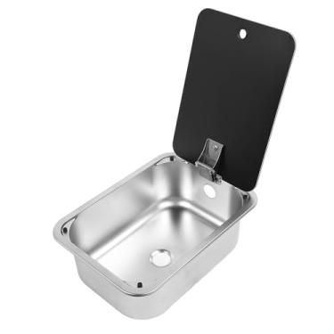 Imagem de PVXMQFFA Pia de barra de tigela única RV 38 x 28 x 13,7 cm quadrada de aço inoxidável com tampa de vidro temperado e orifício de drenagem de 40 mm para caravana