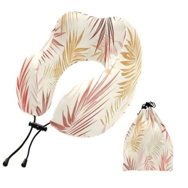 Imagem de CEBUGI Travesseiros de viagem portáteis em forma de U, travesseiro de pescoço de espuma viscoelástica com trava de corda ajustável para avião, viagem, trem, negócios, escritório, soneca (folhas