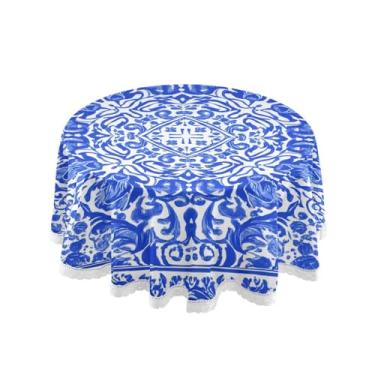 Imagem de Qilmy Toalha de mesa redonda com padrão floral azul 152 cm, resistente à água, à prova de derramamento, capa de mesa grande para jantar de reunião de família em ambientes internos e externos, festa de