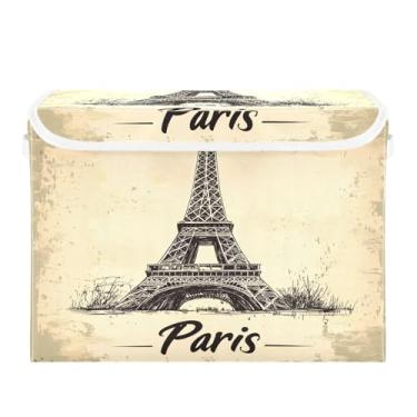 Imagem de CEBUGI Caixas de armazenamento com tampas caixa de armazenamento de tecido dobrável Torre Eiffel vintage caixas organizadoras de cubo para armário de casa prateleiras de quarto 40 x 32 x 39 cm