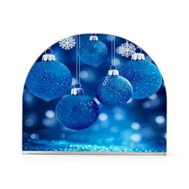 Imagem de Qilmy Suporte de guardanapo acrílico com bola de Natal lindamente azul, porta-guardanapos para mesas cozinha restaurante decoração de casa, suporte decorativo moderno para guardanapos de coquetel de