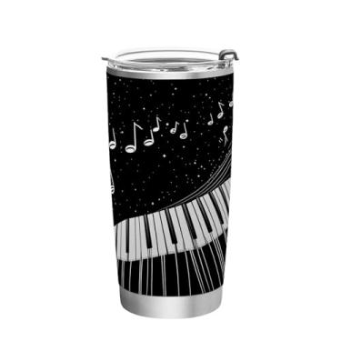 Imagem de Wassud Copos de piano e notas musicais com tampa e canudo de aço inoxidável de parede dupla copo isolado copo de viagem caneca de café para bebidas frias e quentes 350 ml