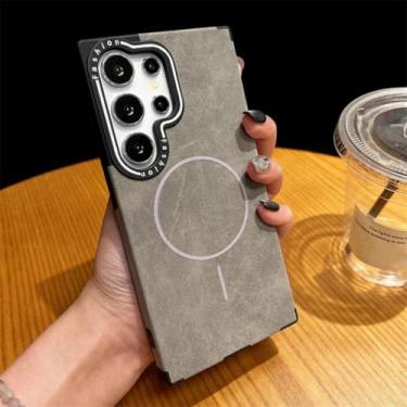 Imagem de HJZSZX Capa magnética de couro retrô com carregamento sem fio para Galaxy S24 Ultra, à prova de choque (para Galaxy S24 Ultra/cinza claro)