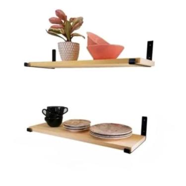 Imagem de Kit Prateleira Envelhecida Estilo Industrial com Mão Francesa Invertida - Decoração para Cozinha, Sala, Quarto e Banheiro(Natural 40 cm,4 Prateleira)