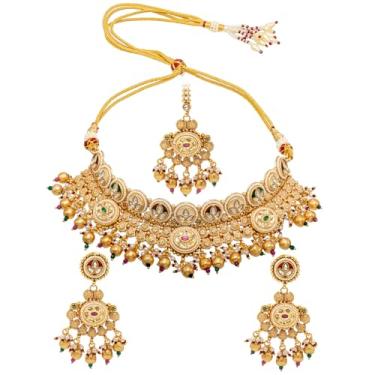 Imagem de Bodha Kundan tradicional indiano banhado a ouro, zircônia cúbica, gargantilha cravejada de casamento, colar Dori nupcial com brinco combinando conjunto de joias para mulheres - marrom, verde (SJN_273)