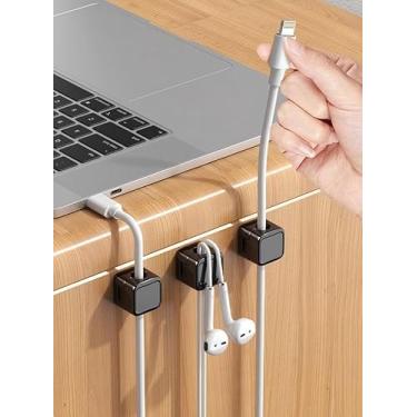 Imagem de Clipes de gerenciamento de cabos, pacote com 6 organizadores de cabos magnéticos para mesa, parede, carro – suportes de cabos adesivos adesivos para cabos USB, tipo C, HDMI