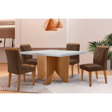 Imagem de Sala Jantar Mesa Nevada Tampo c/ Vidro Curvo 90cm+4 Cadeiras Pietá Madeira Naturale/Off White - Suede Marrom - Rufato