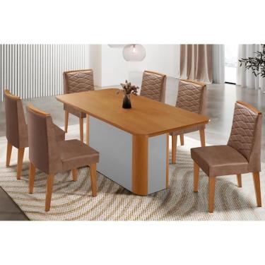 Imagem de Sala Jantar Mesa Pietá Tampo Curvo 180cm+6 Cadeiras Maldivas Madeira Naturale/Off White - Capuccino/Corano Capuccino - Rufato