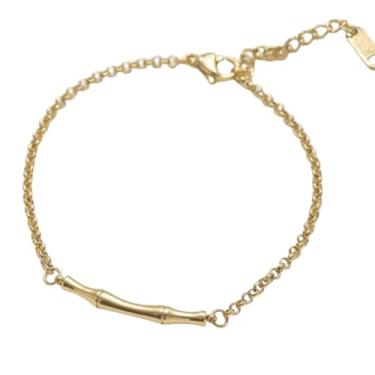 Imagem de Pulseira feminina com barra de bambu em ouro amarelo 18 quilates banhada a ouro 18 quilates sobre aço inoxidável, design minimalista delicado, joia de praia, resistente a manchas, corrente de 16 cm