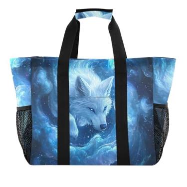 Imagem de ODAWA Bolsa de mercearia azul lobo prata nuvem grande durável resistente à água - Sacolas de compras de verão de lona embaláveis com bolsos com zíper, Azul lobo prata nuvem, One Size