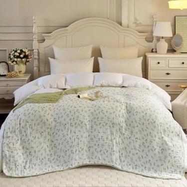 Imagem de Cobertores de musselina 100% algodão, 6 camadas de gaze, padrão floral, leve, macio e respirável, cobertor de cama queen para sofá-cama, ambos os lados (folhas verdes, Queen 228,6 cm x 228,6 cm)