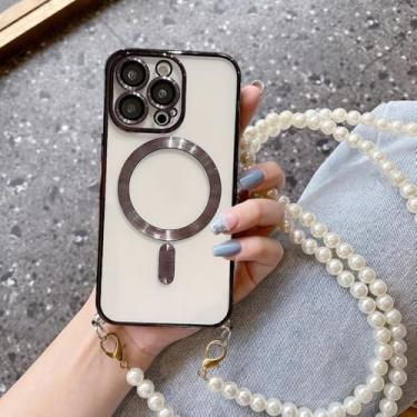 Imagem de Capa de carregamento sem fio magnética Pearl Crossbody com cordão para iPhone 15, 16, 16E, 14, 13, 12, 11 Pro Max Plus, preta, para iPhone 13 Pro Max