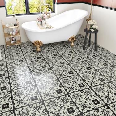 Imagem de Wallderful Rolo de vinil preto à prova d'água Boho Peel and Stick para piso de garagem gótico vintage para cozinha, banheiro, varanda quarto, locatários, luxuosos, 4 peças adesivas