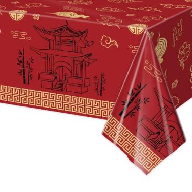 Imagem de Toalha de mesa de plástico Hibachi de 3 peças de 137 x 272 cm – capas de mesa descartáveis de pagode vermelho e nuvem da sorte para festas de ano novo lunar, festival da primavera, eventos temáticos
