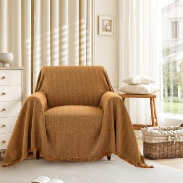 Imagem de Nobildonna Capa de sofá de chenille lavável para animais de estimação, capa de sofá com borlas, poltrona, protetor de móveis, capa de sofá para sala de estar, marrom argila 180 x 180 cm