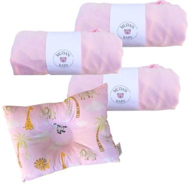 Imagem de Kit Lençol 100% Algodão Malha Elástico Total e Travesseiro Anatômico Safari Berço Carrinho | Pink Lovers 4 Peças