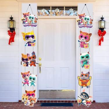 Imagem de 2 peças de banner para pendurar na porta da varanda super gatos, artigos de festa de aniversário de animais fofos para decorações de parede de festas infantis
