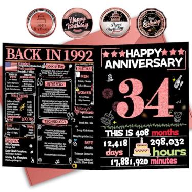Imagem de Joycard Cartão de aniversário de 34 anos para mulheres, cartão de casamento para esposa, presentes de decorações de casamento doces para casal, perfeito para ela no dia de aniversário, em 1992