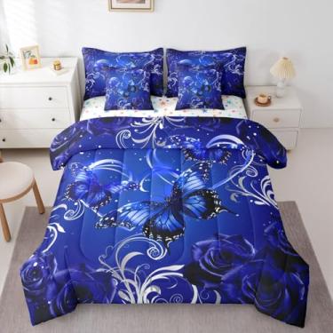 Imagem de Feelyou Jogo de cama queen com borboletas 3D, tamanho queen, fofo, borboletas, meninos, meninas, galáxia, sonhador, em uma bolsa com edredom, lençóis, fronhas, capas de almofada, glitter rosa floral