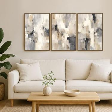 Imagem de SAFERRYHOME Arte de parede abstrata em tela neutra emoldurada, impressão de arte de decoração de parede minimalista, pintura de paredes pastel, cinza e marrom, arte em aquarela para sala de estar