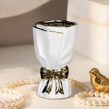 Imagem de Wancetang Vaso de cerâmica branca para flores - vasos de arco de 17 cm para centros de mesa de casamento, pequeno vaso de flores moderno para mesa de centro, decoração de mesa de cabeceira, estante de