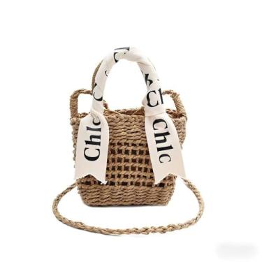 Imagem de Eiyye Bolsa transversal de palha para mulheres - Mini bolsa tecida à mão com alça de ombro de 113 cm, design de letras fofas, acessório de moda de praia e verão (Cáqui), Caqui