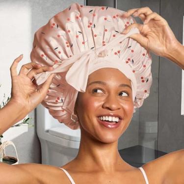 Imagem de 1 touca de banho à prova d'água ajustável de fibra ultra fina para cabelo seco com laço touca de cabelo confortável para dormir, 44 cm