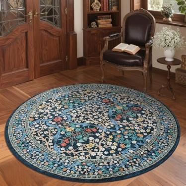 Imagem de GarveeHome Tapete redondo floral azul escuro de 1,2 m lavável, antiderrapante, macio, pequeno, círculo, tapetes vintage para cozinha, quarto, berçário, sala de jantar, sala de estar