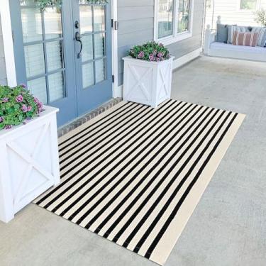 Imagem de KILOCOCO Tapete listrado bege – Tapete de porta frontal de 1,22 m x 1,8 m, tapete de boas-vindas ao ar livre, tapete de varanda frontal lavável de algodão em camadas para varanda da frente/fazenda/entrada