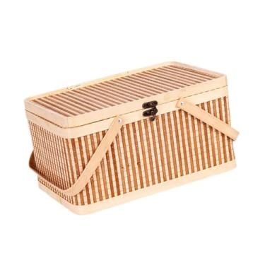 Imagem de KiBcsLic Cesta de bambu trançada para, porta-ovos, e portátil, com tampa e alça, ideal para pão, lanches, outros itens de cozinha, Marrom Claro