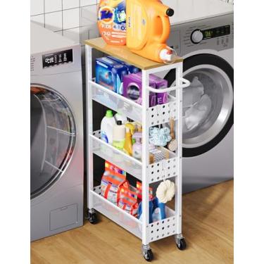 Imagem de Carrinho de armazenamento fino com rodas, organização de lavanderia e carrinho de armazenamento entre lavadora e secadora, prateleira organizadora de banheiro estreita, 4 andares, unidade de