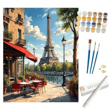 Imagem de Kit de pintura de cena de café Paris por números para adultos – Torre Eiffel DIY com dossel vermelho, pintura bistrô enrolada em tela 40,6 x 50,8 cm, conjunto de tinta acrílica para iniciantes, arte