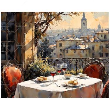 Imagem de Kit de pintura por números de varanda da cidade para adultos – Pintura em tela de cenas de vinho e comida DIY sobre telhados 20 x 30 cm, conjunto de tinta acrílica emoldurada, adequado para iniciantes