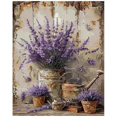 Imagem de Kit de pintura floral retrô por números para adultos - Pintura em tela de lavanda e regadores faça você mesmo 40 x 50 cm, conjunto de tinta acrílica emoldurada, adequado para iniciantes, arte de