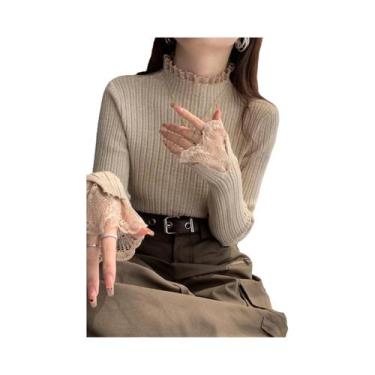 Imagem de Suéter Feminino De Tricô Gola Alta Manga Longa Justo Cor Sólida Com Re