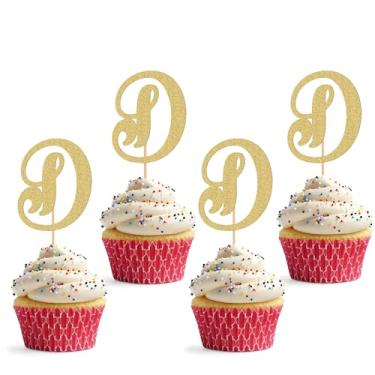 Imagem de Topper de cupcake de 26 letras - pacote com 24 decorações de cupcake com glitter e letra D, adequado para festa de aniversário, aniversário de casamento ou cabine de fotos Propsc cc (D)