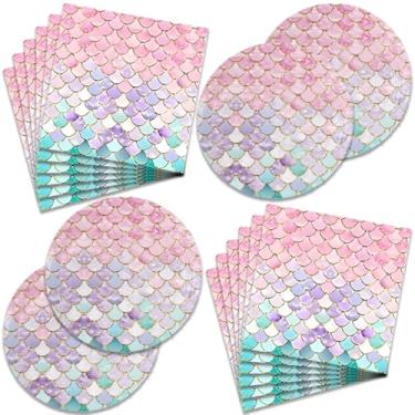 Imagem de Conjunto de utensílios de mesa para festa de aniversário de sereia, 40 peças, com tema oceânico, pratos de sobremesa e guardanapos para meninas, chá de bebê, decorações de aniversário
