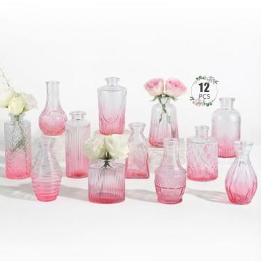 Imagem de Pacote com 12 vasos de botão a granel - vasos de flores rosa BEAHOT para decorações de casamento, vaso de vidro para decoração de mesa, vaso pequeno para casa, dia das mães, centros de mesa, festa