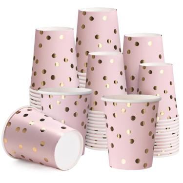 Imagem de WRAPAHOLIC 50 peças de copos de papel rosa dourado - copo descartável de 255 g com pontos de folha rosa e dourada, xícara de café, copos de bebida quente/fria para suco de água, perfeito para casa