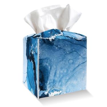 Imagem de Suporte de capa de caixa de lenços azul, capa de caixa de lenços de couro PU mármore líquido abstrato com cinto inferior, organizador de papel facial quadrado para mesa, banheiro, cozinha, carro e